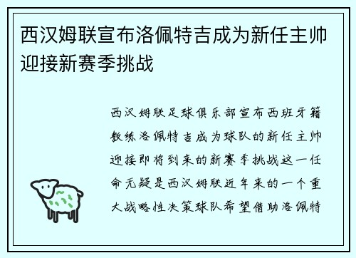 西汉姆联宣布洛佩特吉成为新任主帅迎接新赛季挑战 西汉姆联宣布洛佩特吉成为新任主帅迎接新赛季挑战